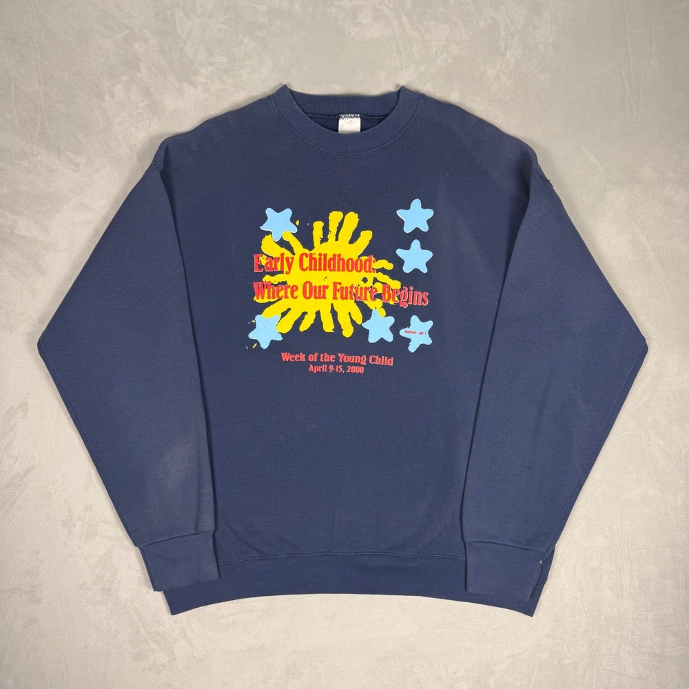 Y2K Mens Fruit of the Loom Week of the Young Child Graphic Sweatshirt Navy XL